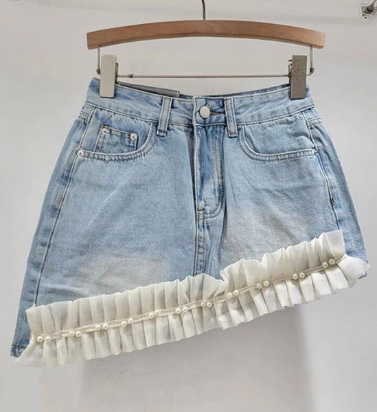 Women Fashion Ruffled Pearl Asymmetrical Denim Skirt