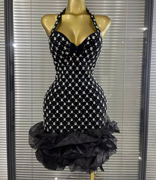 Women Sexy Halter Sleeveless Rhinestone Ruffle Dress