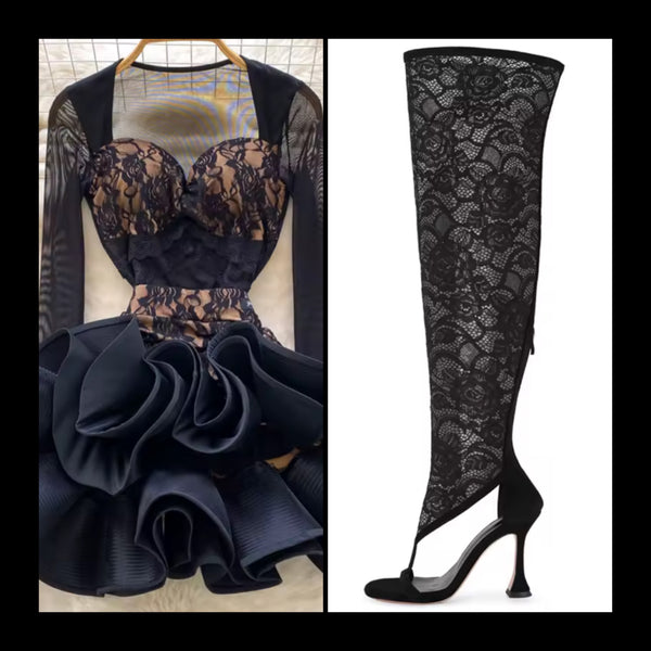 Women Sexy Lace Mesh Full Sleeve Ruffled Two Piece Skirt Set