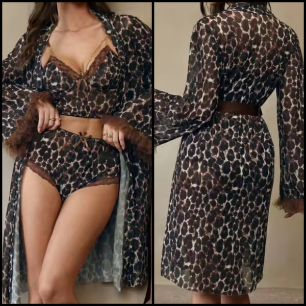 Women Sexy Brown Leopard Print Three Piece Lingerie Set