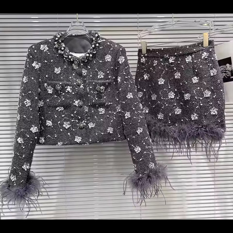 Women Gray Floral Rhinestone Feather Blazer Two Piece Skirt Set