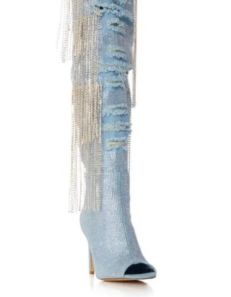 Women Fashion Open Toe Bling Tassel Denim Over The Knee Boots