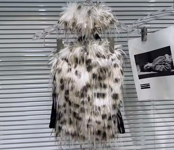 Women Colorful Leopard Print Faux Fur Halter Sleeveless Top