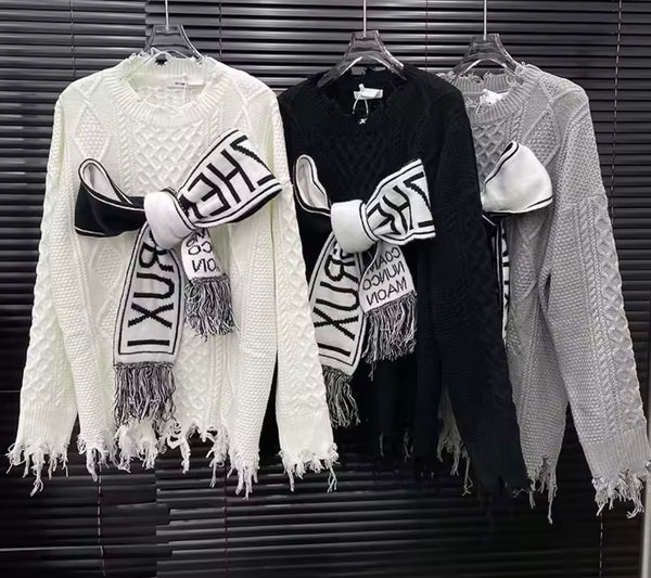 Women Fashion Letter Print Bow Full Sleeve Knitted Sweater Top