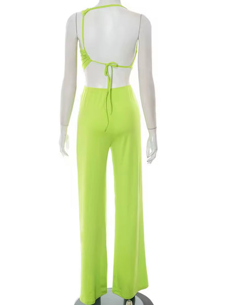 Women Sexy Color One Shoulder Sleeveless Metal Cut Out Jumpsuit
