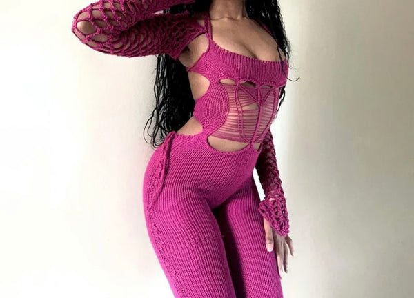 Women Sexy Knitted Full Sleeve Cut Out Fashion Jumpsuit