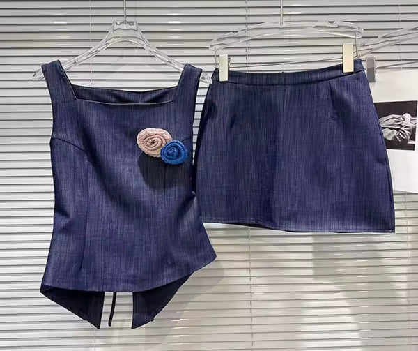 Women Fashion Sleeveless 3D Floral Denim Two Piece Skirt Set