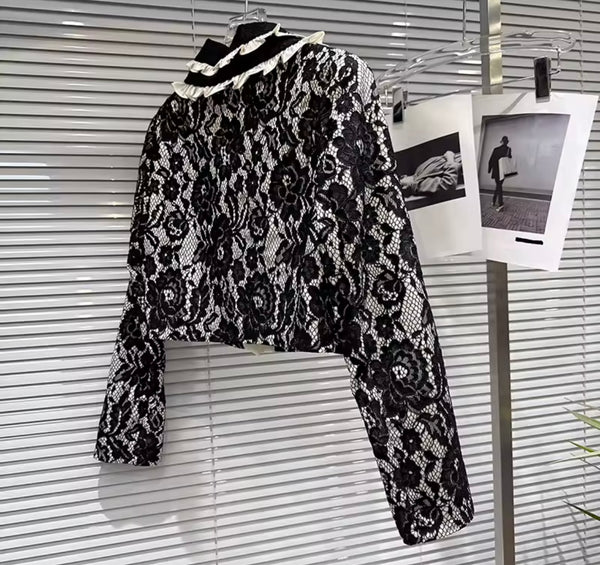 Women B&W Lace Button Up Blazer Two Piece Skirt Set