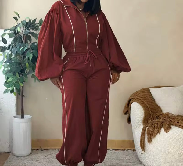 Women Fashion Striped Lantern Zip Up Full Sleeve Two Piece Pant Set