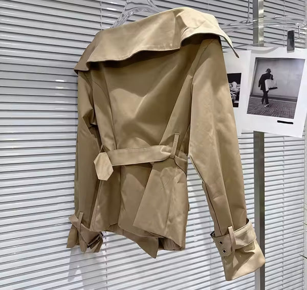 Women Fashion Khaki Full Sleeve Blazer Two Piece Short Set