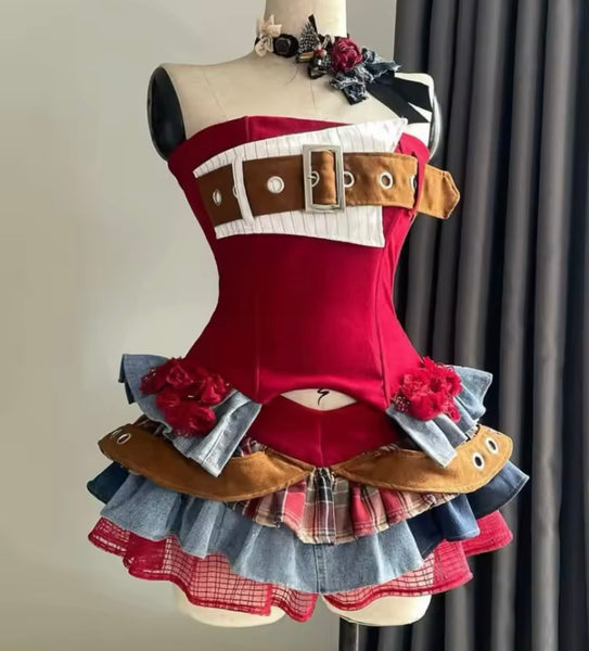 Women Sleeveless Buckled Ruffle Color Patchwork Two Piece Skirt Set