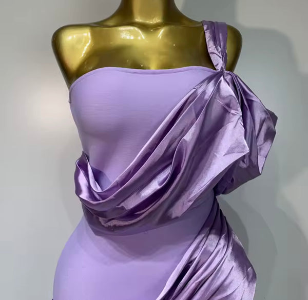 Women One Shoulder Strapless Draped Purple Maxi Dress