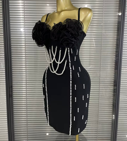 Women Black Sexy Sleeveless Ruffle Pearl Patchwork Dress