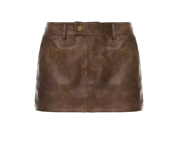 Women Sexy Fashion Faux Leather Brown Skirt