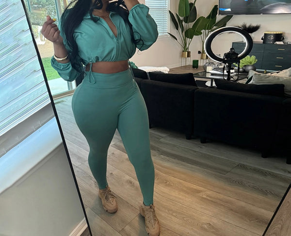 Women Fashion Solid Color Zip Up Full Sleeve Crop Two Piece Pant Set