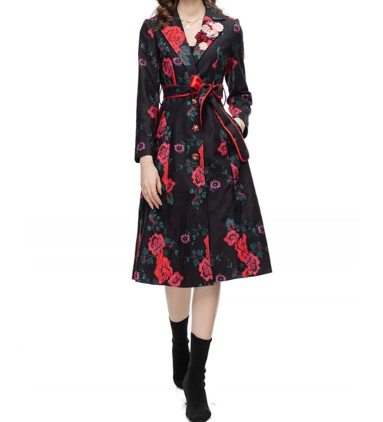 Women Fashion Floral Trench Jacket