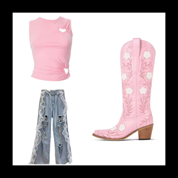 Women Fashion Color Floral Print Knee High Western Boots