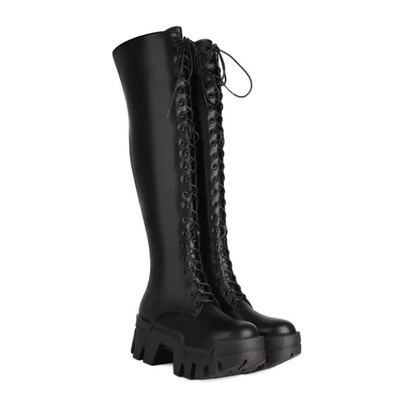 Women Black Faux/Patent Leather Lace Up Platform Knee High Boots