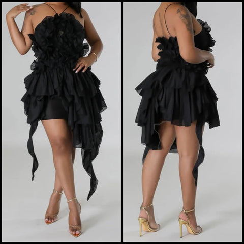 Women Black Ruffled Sleeveless Sexy Dress