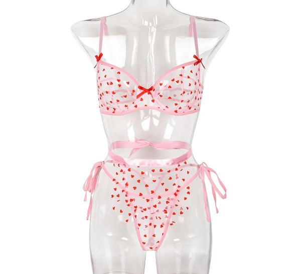 Women Sexy Pink Heart Print Mesh Lingerie Set