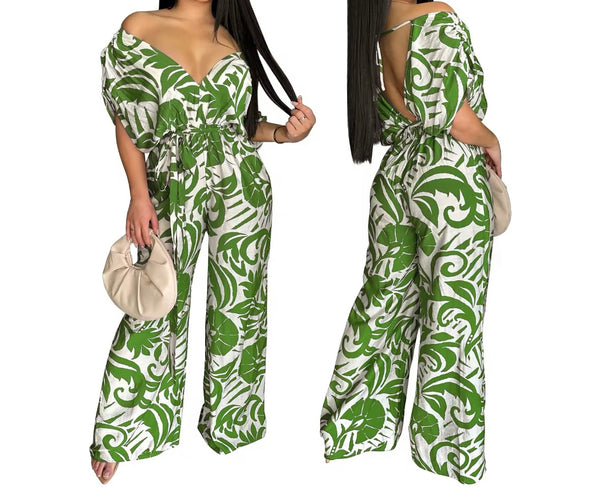 Women Off The Shoulder Short Sleeve Printed Jumpsuit