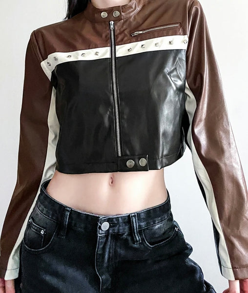 Women Fashion Color Patchwork Faux Leather Crop Jacket
