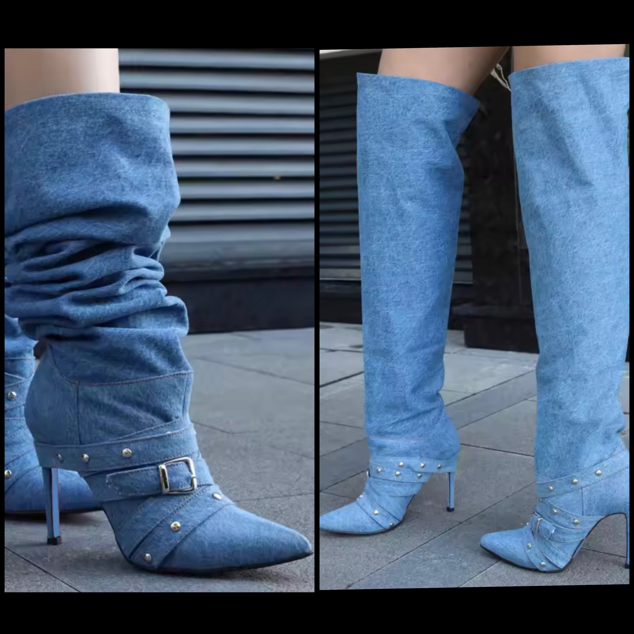 Women Fashion Denim Rivet Buckled High Heel Knee Length Boots