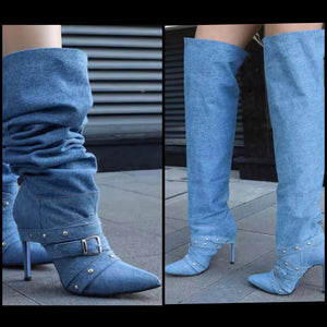 Women Fashion Denim Rivet Buckled High Heel Knee Length Boots