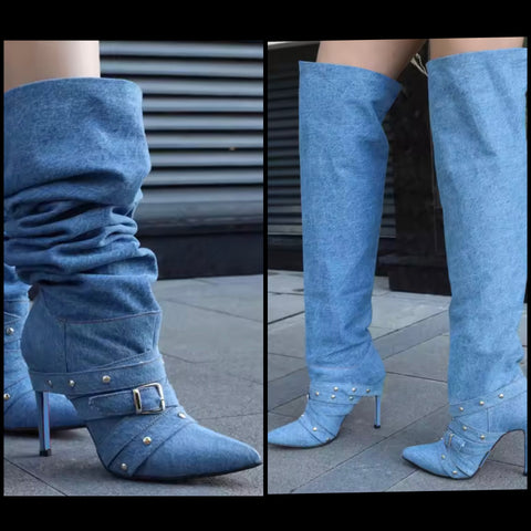 Women Fashion Denim Rivet Buckled High Heel Knee Length Boots