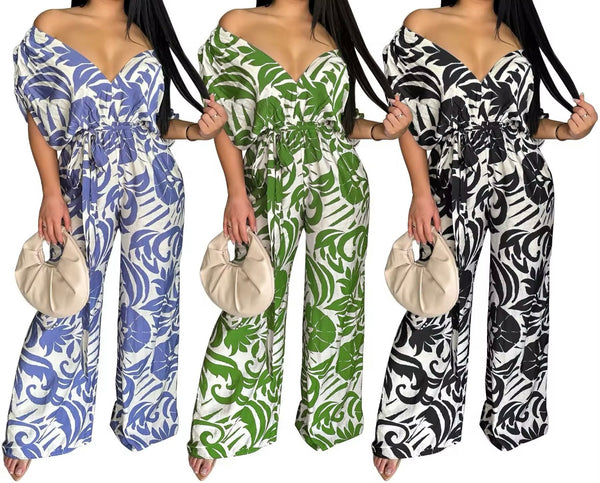 Women Off The Shoulder Short Sleeve Printed Jumpsuit