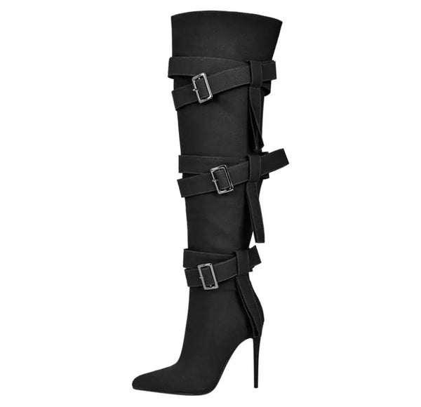 Women Buckled High Heel Fashion Knee High Boots