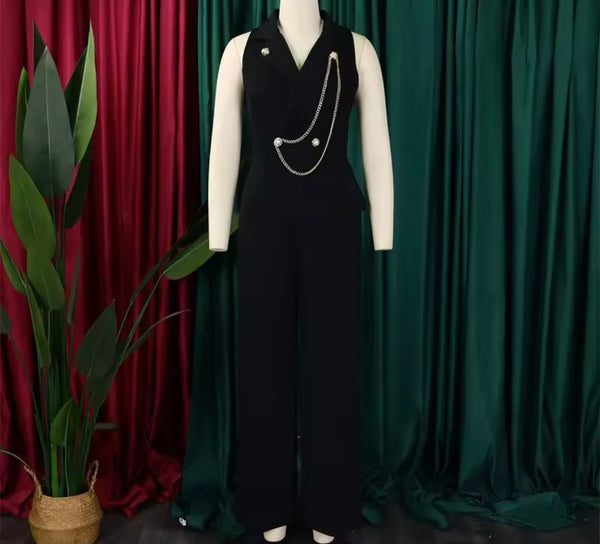 Women Sleeveless Chain Solid Color Fashion Jumpsuit