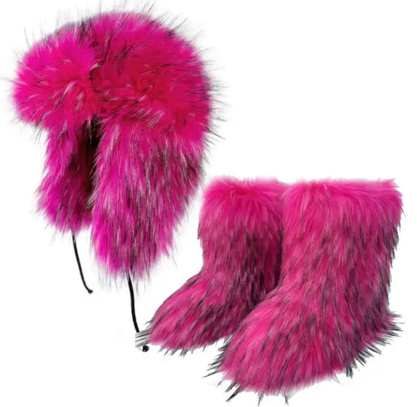 Women Fashion Color Faux Fur Ankle Boots Hat Set