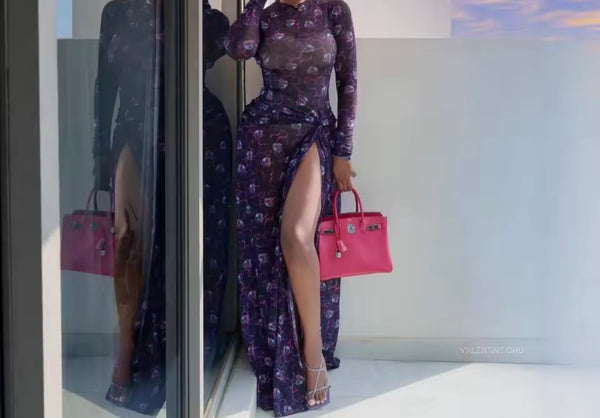 Women Sexy Purple Printed Full Sleeve Side Split Maxi Dress