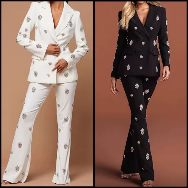 Women Rhinestone Full Sleeve Blazer Two Piece Fashion Pant Set