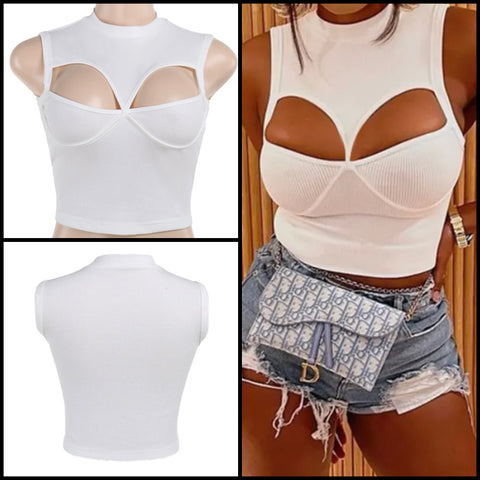 Women Fashion White Ribbed Sleeveless Crop Top