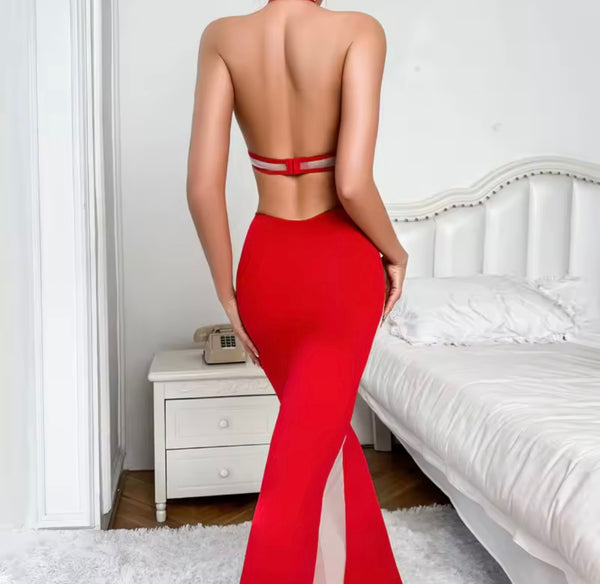 Women Red Mesh Patchwork Sexy Nightgown Lingerie Set