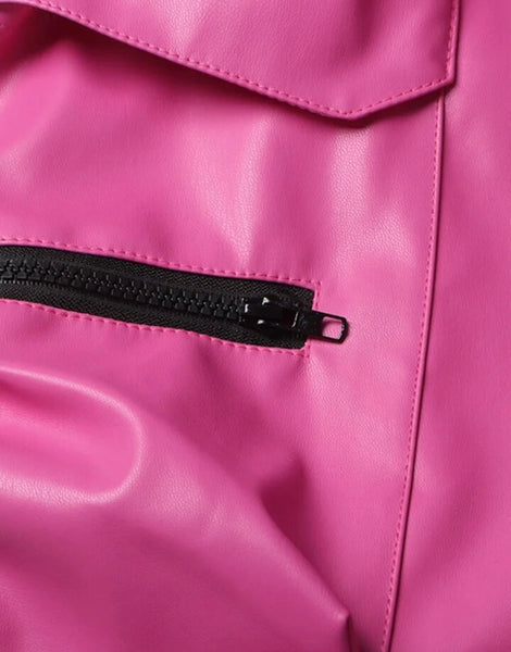 Women Pink Faux Leather Fashion Zipper Cargo Pants