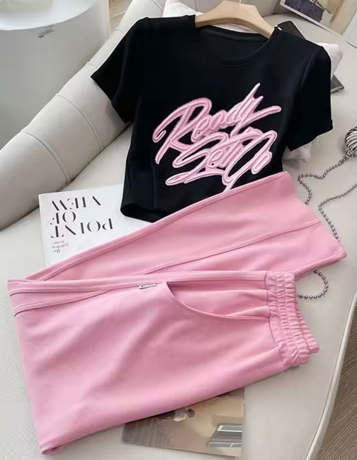Women Fashion Letter Print Short Sleeve Two Piece Pant Set