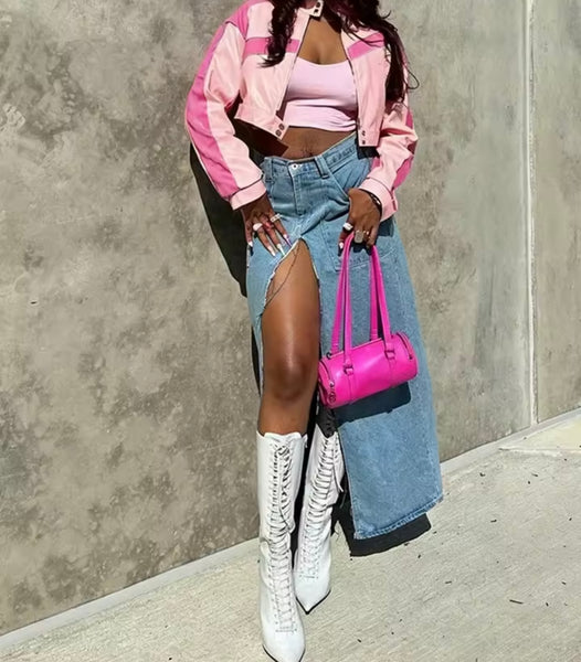 Women Pink Fashion Zip Up Button Faux Leather Crop Jacket
