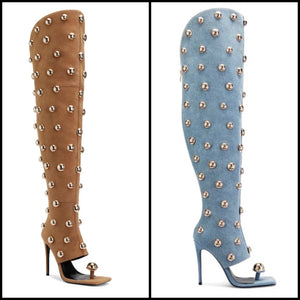 Women Fashion Suede Metal Beaded Open Toe Knee High Boots