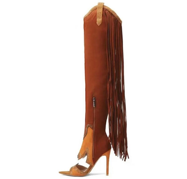 Women Fashion Open Toe Tassel Suede Knee High Western Boots