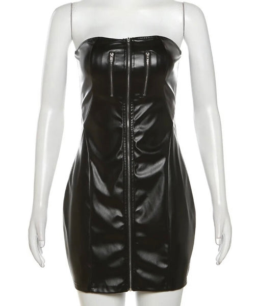 Women Sexy Strapless Front Zipper PU Black Dress