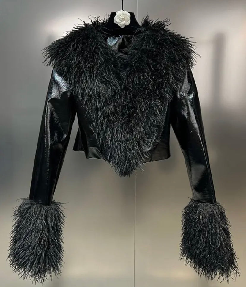 Women Fashion Faux Fur Patchwork Black Jacket