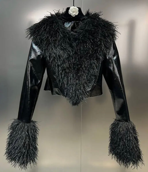 Women Fashion Faux Fur Patchwork Black Jacket