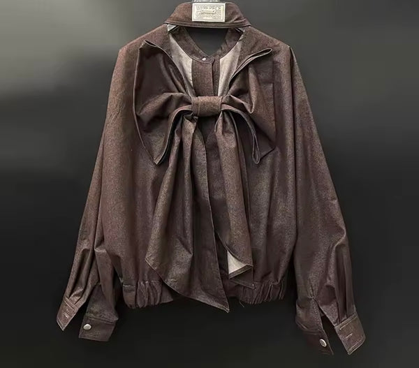 Women Fashion Button Up Bow Full Sleeve Two Piece Skirt Set
