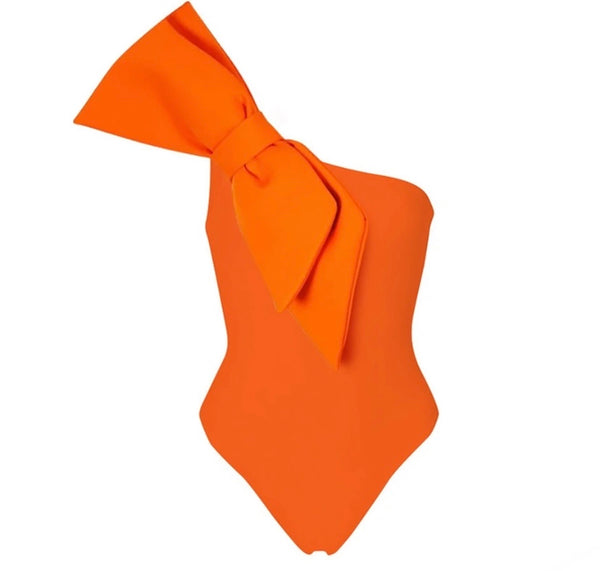 Women Sexy Orange Bow One Shoulder Swimsuit Cover Up Set