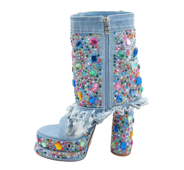 Women Fashion Open Toe Color Crystal Platform Denim Ankle Boots