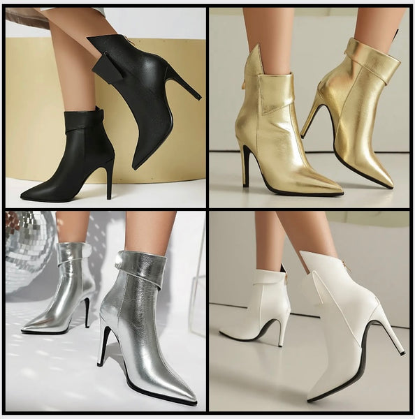 Women Fashion Pointed Toe Faux Leather Zip Up Ankle Boots