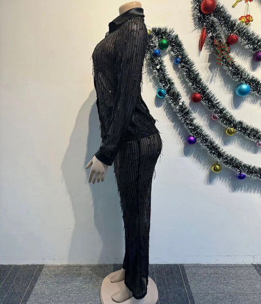 Women Sexy Fashion Button Up Sequins Mesh Two Piece Pant Set